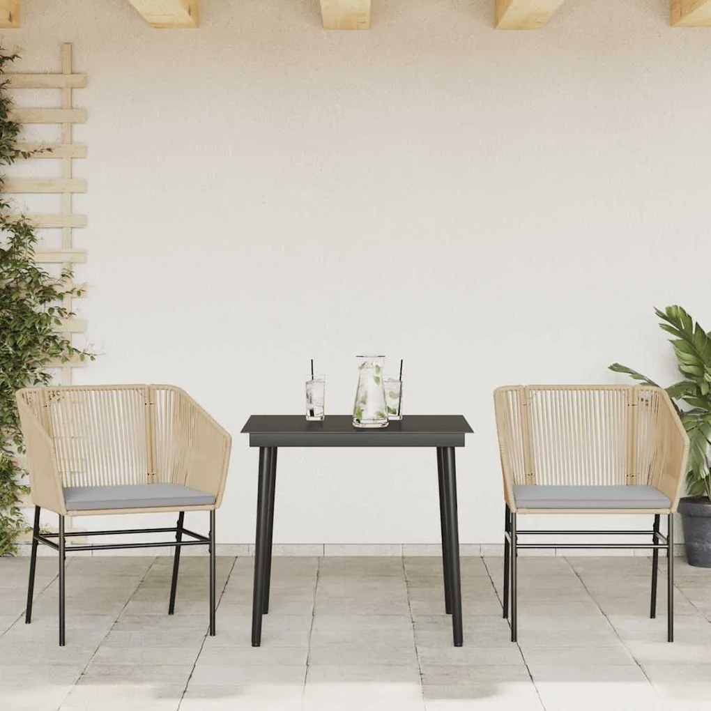 Conjunto jantar jardim 3 peças almofadas vidro vime PE castanho