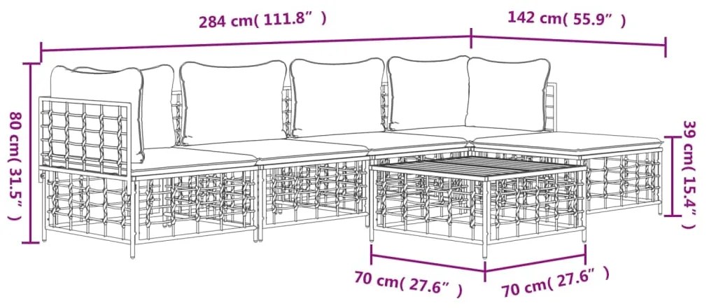 6 pcs conjunto lounge de jardim c/ almofadões vime PE antracite