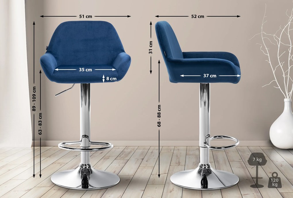 Conjunto de 2 bancos de bar em veludo com estrutura prateada 89-109 x 51 x 52 cm azul