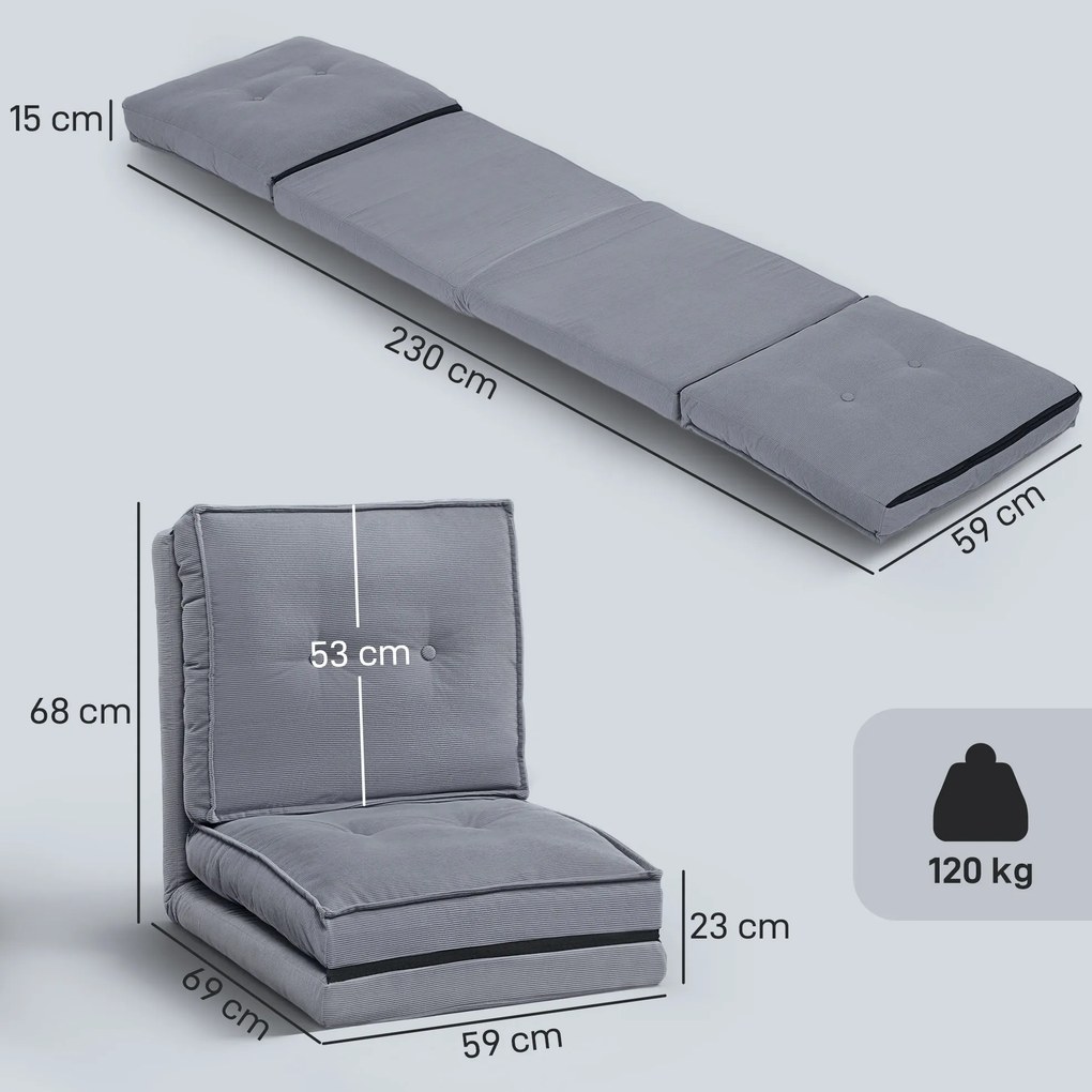 Poltrona chão dobrável de veludo canelado,  com encosto ajustável em 5 posições, 59 x 230 x 15 cm, cinzento