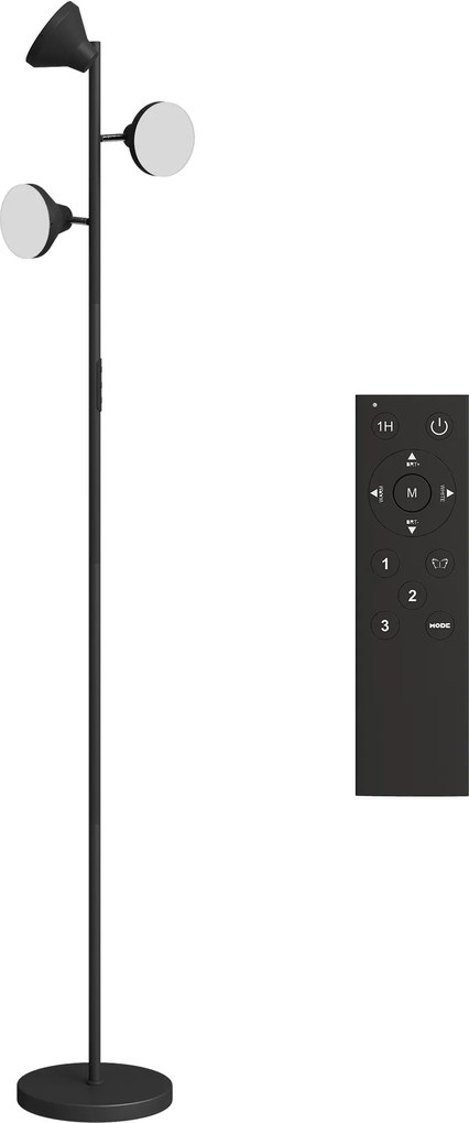 HOMCOM Candeeiro Led Candeeiros de Pé para Sala Dimmable 2700K-6000K 4150 Lm 3 Cabeças Rotativas Ø 25x170 cm Preto | Aosom Portugal