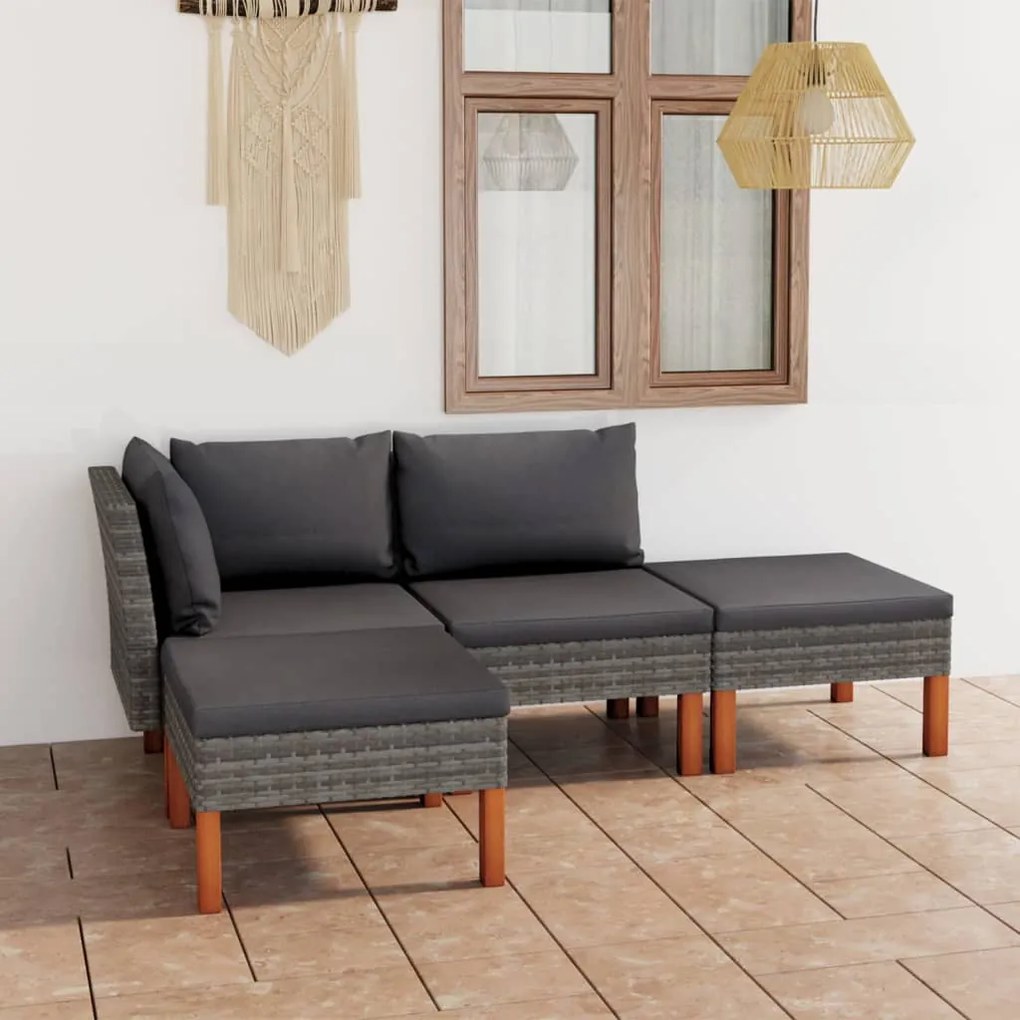 3059709 vidaXL 4 pcs conjunto lounge de jardim c/ almofadões vime PE cinzento