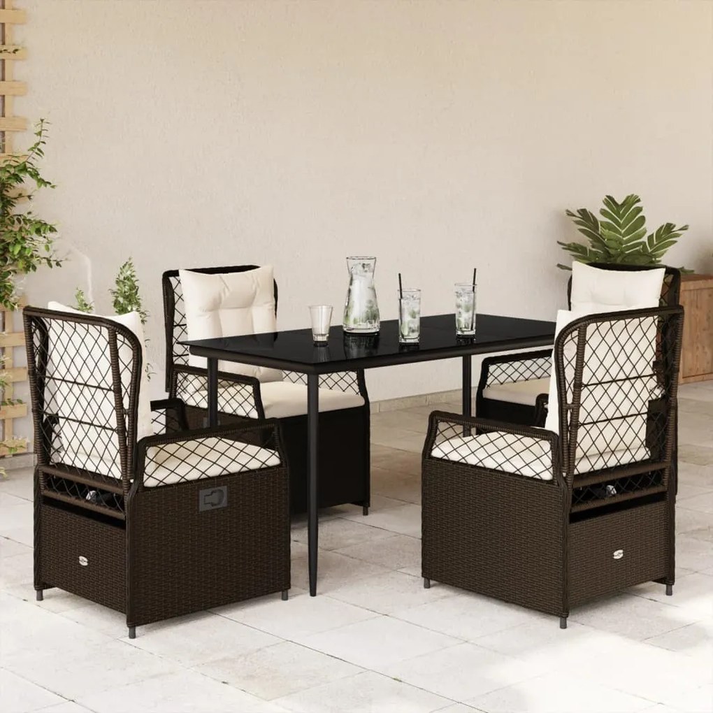 vidaXL 5 pcs conjunto jantar p/ jardim c/ almofadões vime PE castanho