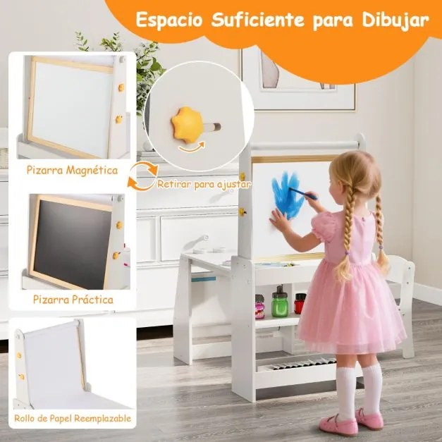 Conjunto de mesa e cadeira artística para crianças com 2 quadros, rolo de papel, copos de tinta, cavalete e cadeira multifuncional cinza e branca