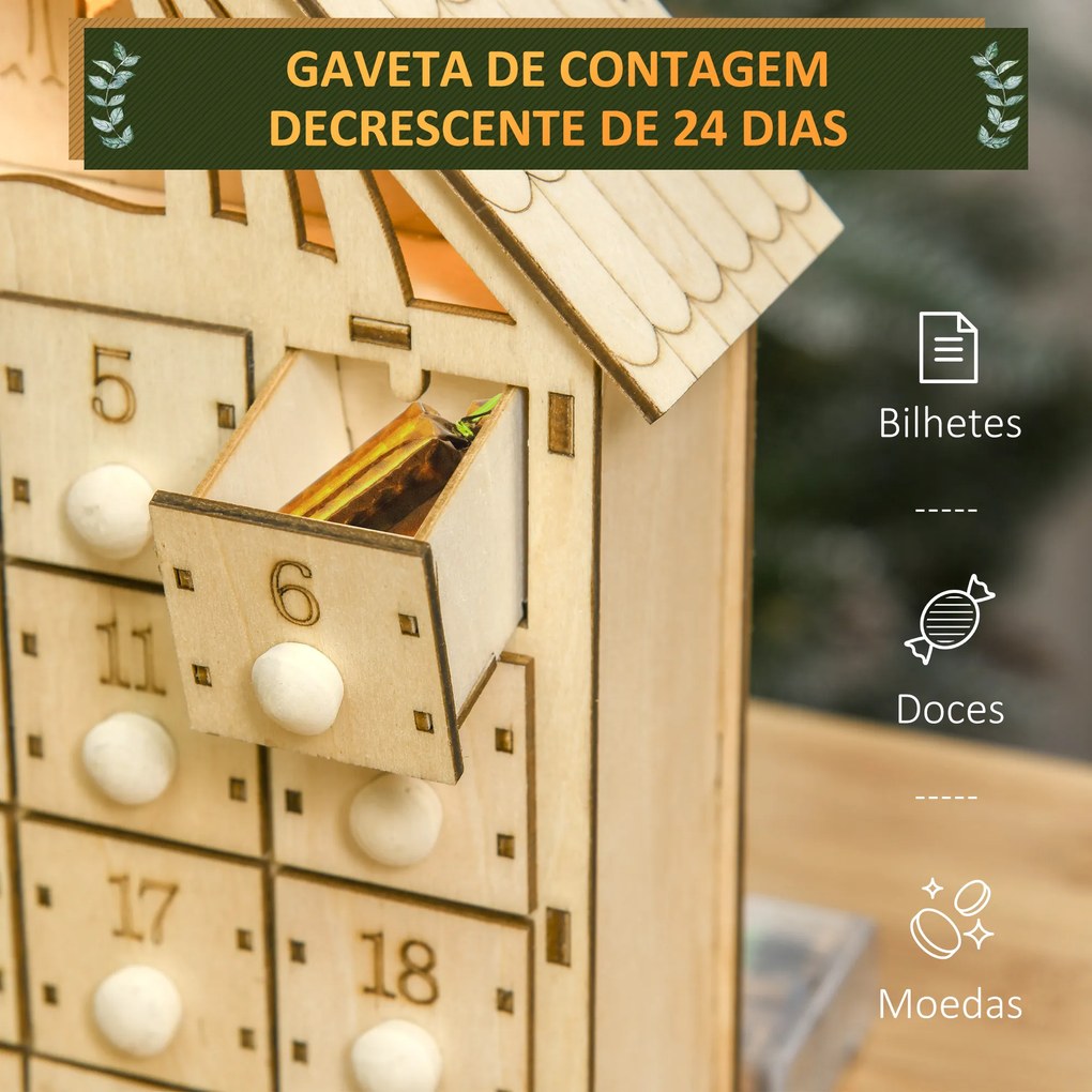 HOMCOM Calendário de Advento de Madeira com Luzes Calendário de Advento com 24 Caixas de Contagem Regressiva Decoração de Natal 26,6x6x30 cm Madeira
