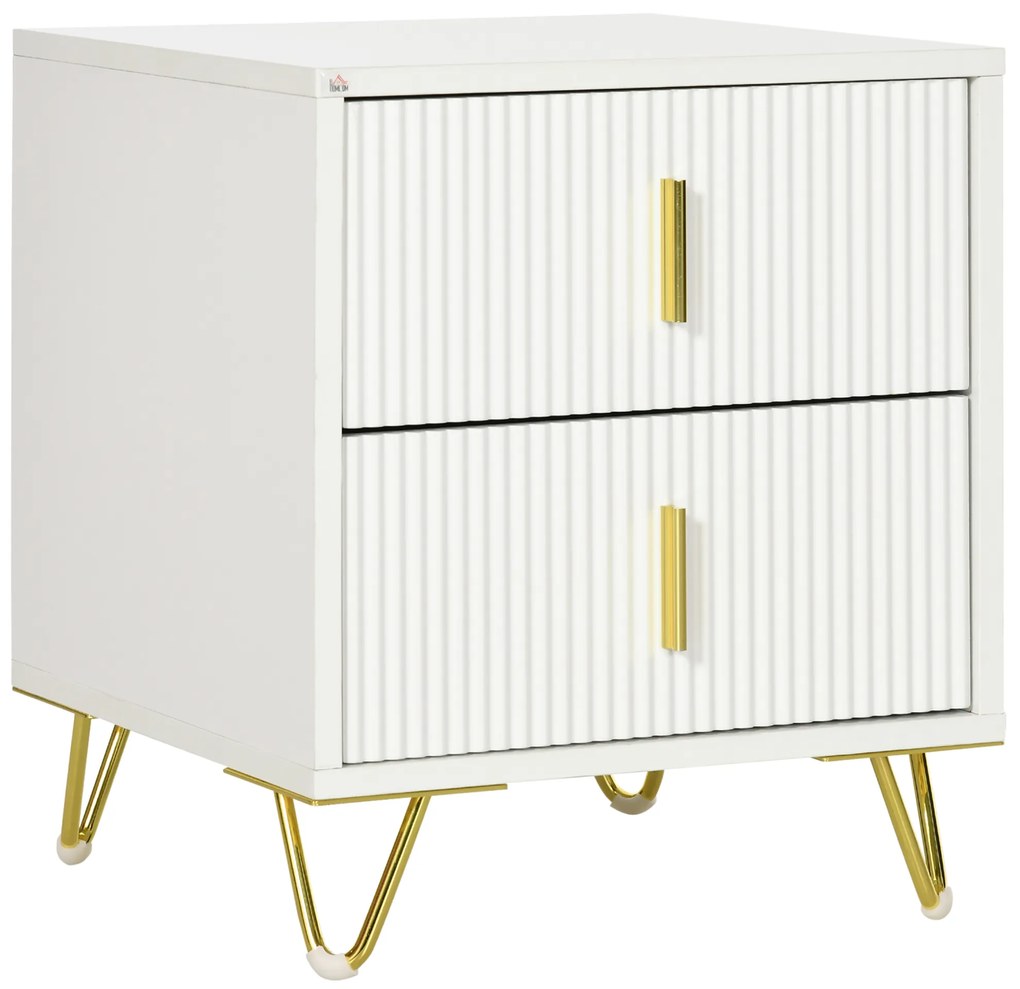 HOMCOM Mesa de Cabeceira com 2 Gavetas Mesa Auxiliar com Pés de Metal para Sala de Estar Dormitório 40x40x47 cm Branco e Dourado
