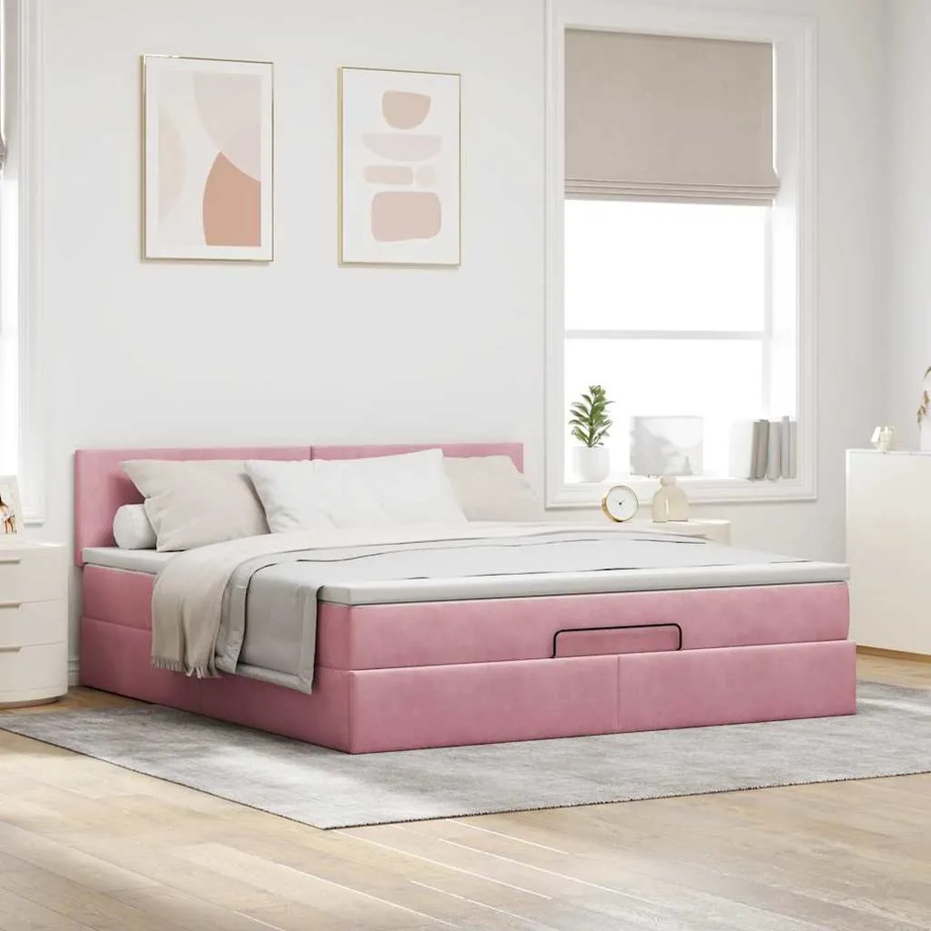 Cama otomana com colchão &amp; LEDs 180x200cm veludo rosa