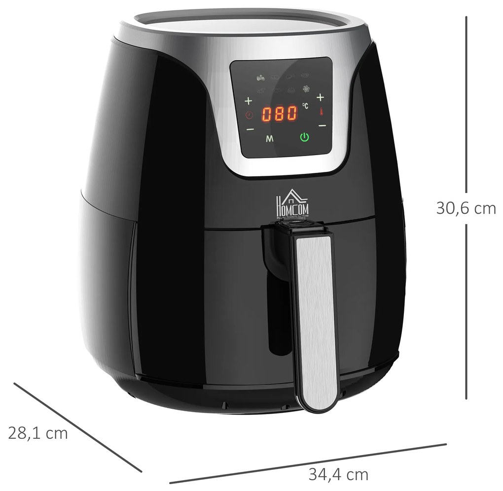 HOMCOM Fritadeira sem Óleo 3,5L Fritadeira de Ar Inteligente 15000W com Tela Tátil 7 Programas Temporizador Temperatura Ajustável e Desligamento Automático 34,4x28,1x30,6cm Preto