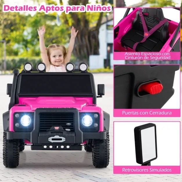 Jipe Land Rover Defender elétrico infantil 12V com comando à distância, suspensão completa, faróis e música para idades entre 3 e 8 anos, Rosa