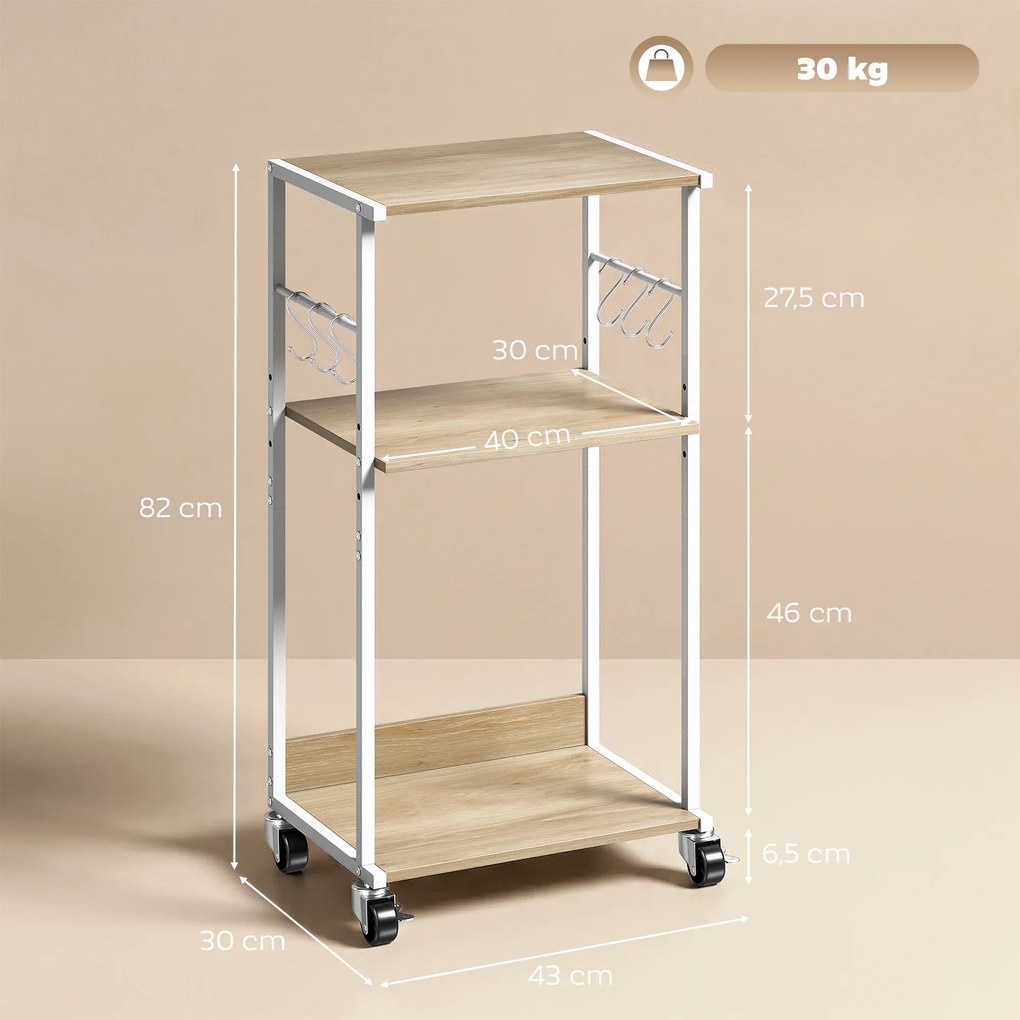 Suporte para Impressora de 3 Níveis com Rodas, Móvel com Ganchos e Estrutura Metálica 43x30x82 cm Madeira