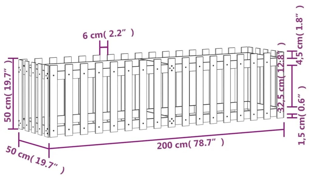 Canteiro elevado c/ design cerca 200x50x50 cm pinho impregnado