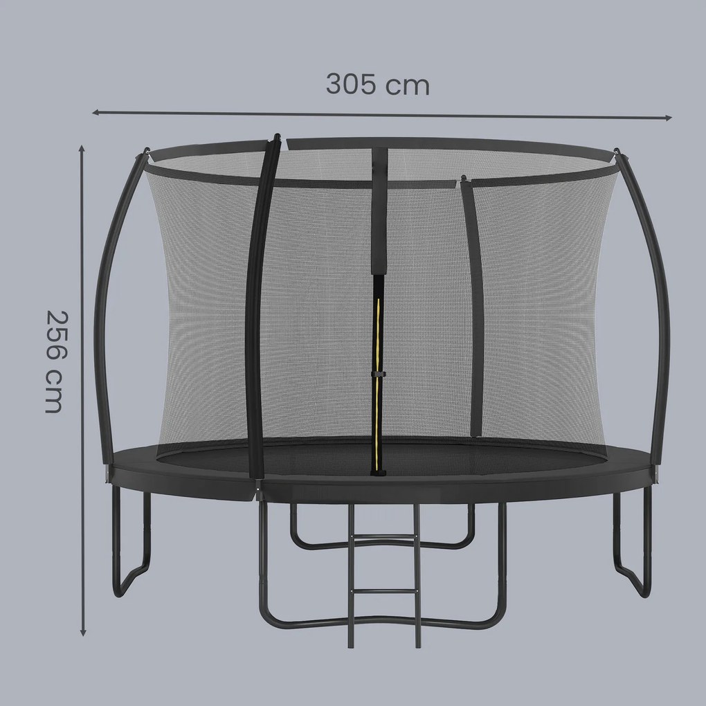 Trampolim de 305 cm de diâmetro, trampolim de jardim com rede de segurança, varas curvas com 180 cm de altura Preto