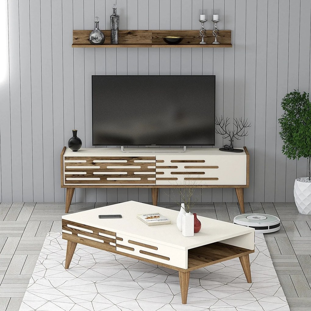 Conjunto de Mobiliário de Sala Valensiya – Nogueira e Creme – Diversas