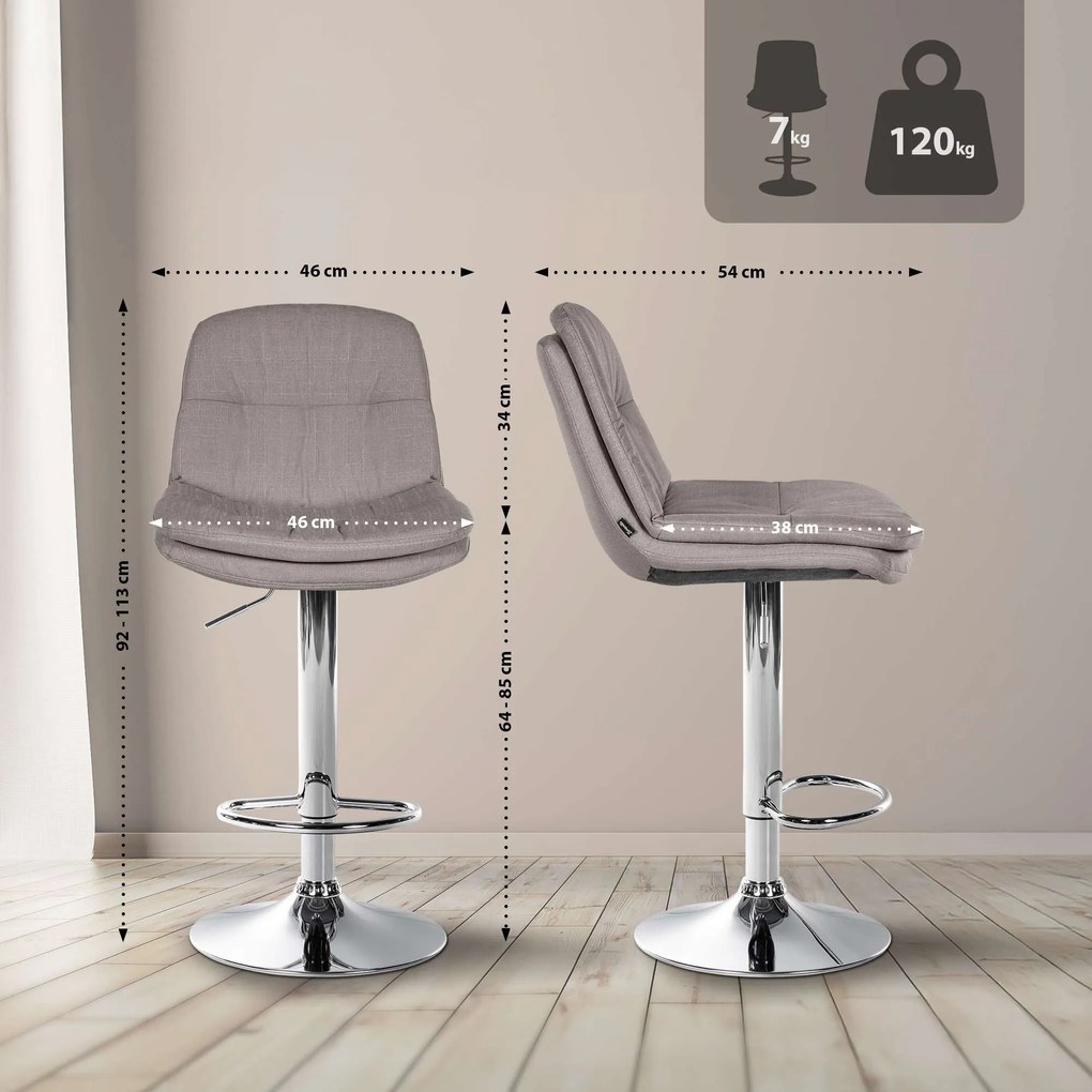 Banco de bar em tecido com estrutura prateada 92-113 x 46 x 54 cm cinzento