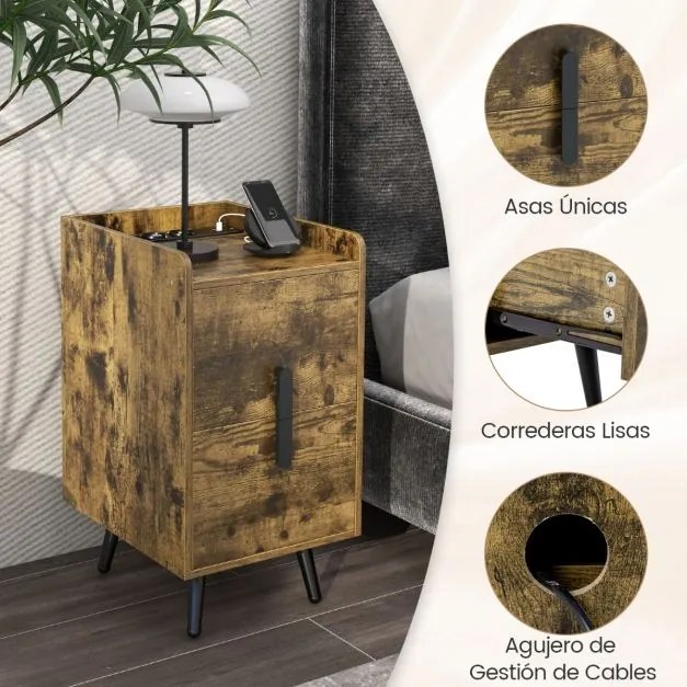 Mesa de cabeceira ou mesa apoio com 2 gavetas 40 x 32 x 60 cm e Estação de carregamento Pernas de metal resistentes Castanha