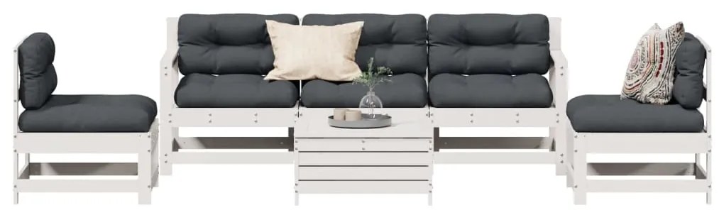 6 pcs conjunto lounge jardim c/ almofadões pinho maciço branco