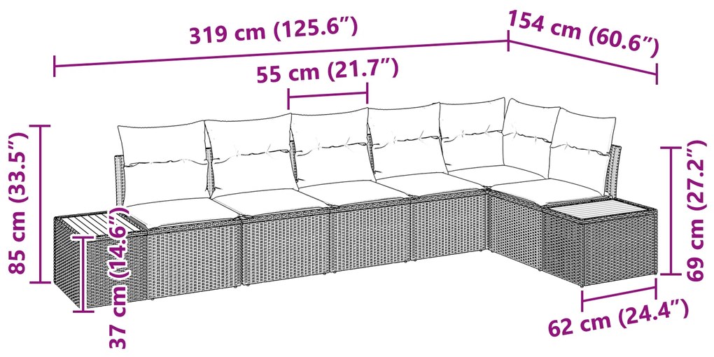 Conjunto de 6 Peças de Sofá de Jardim com Almofadas Preto Rattan Polie