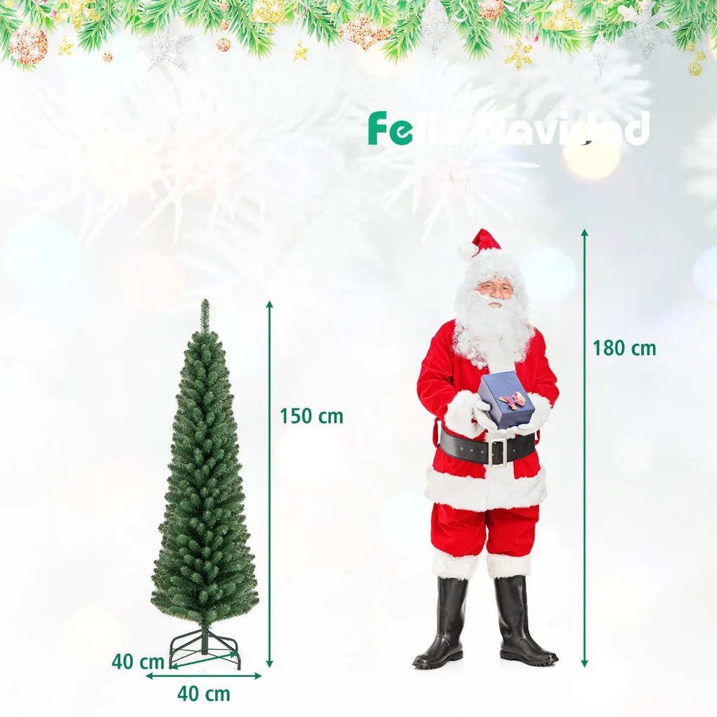 Árvore de Natal Artificial 150 CM forma Lápis com 295 pontas de ramos Base de fio de memória Base de metal Decoração de árvore fina Verde