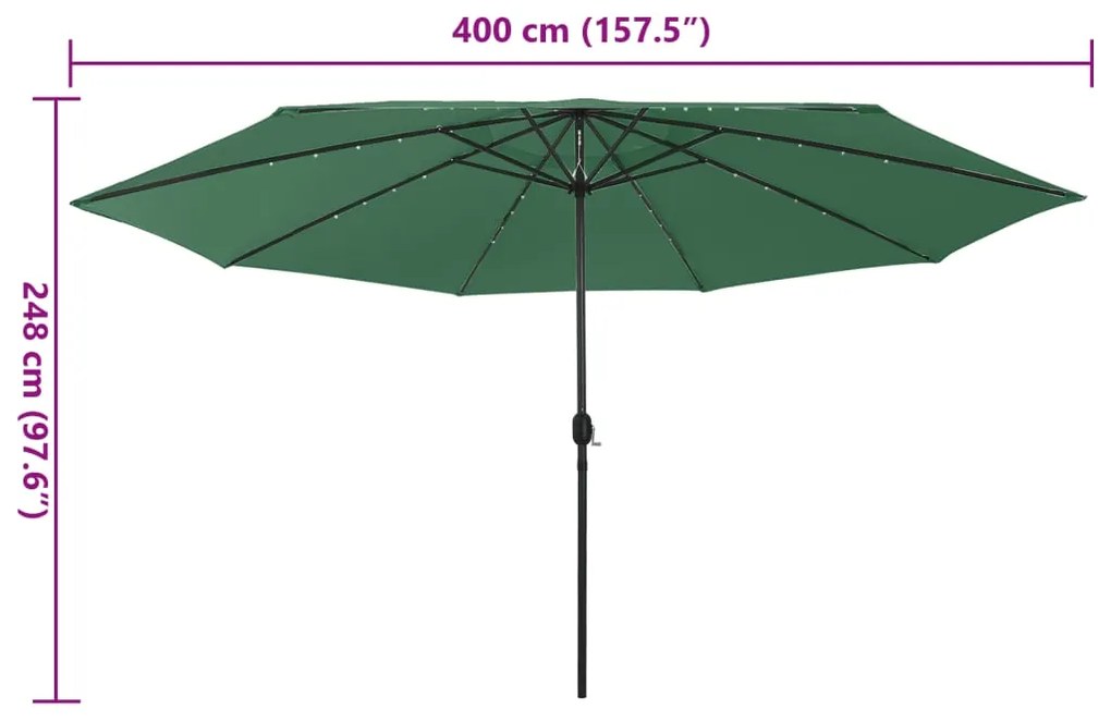 Guarda-sol de jardim com luzes LED 400 cm verde