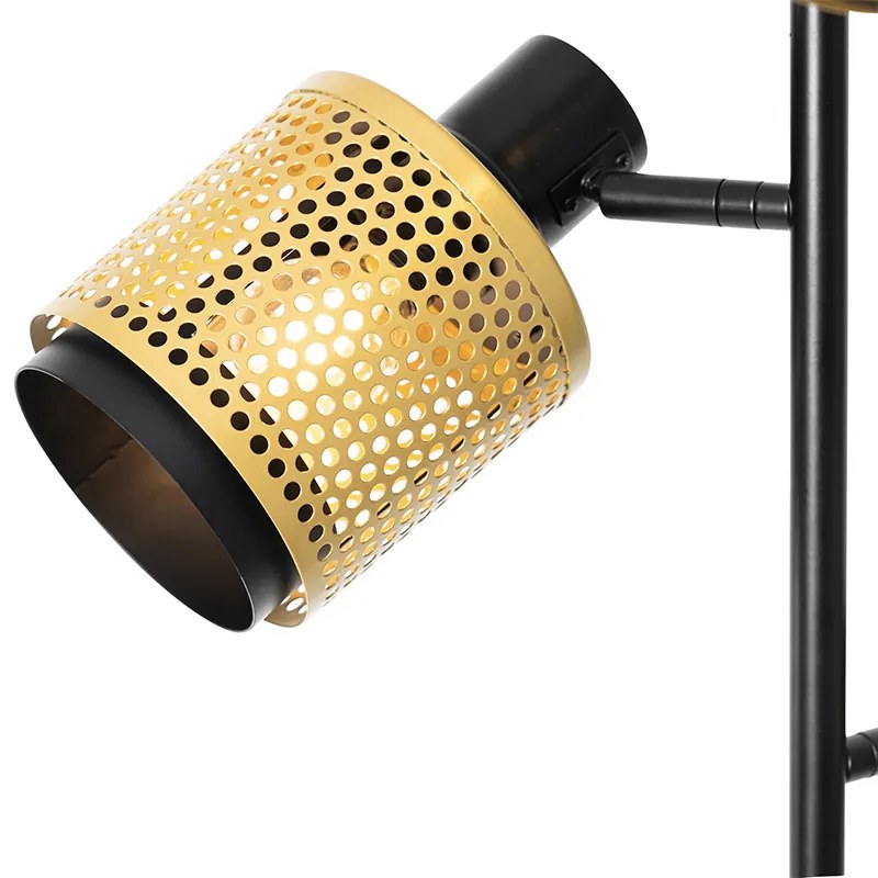 Candeeiro de pé industrial preto com dourado 3-luzes - Kayden Industrial