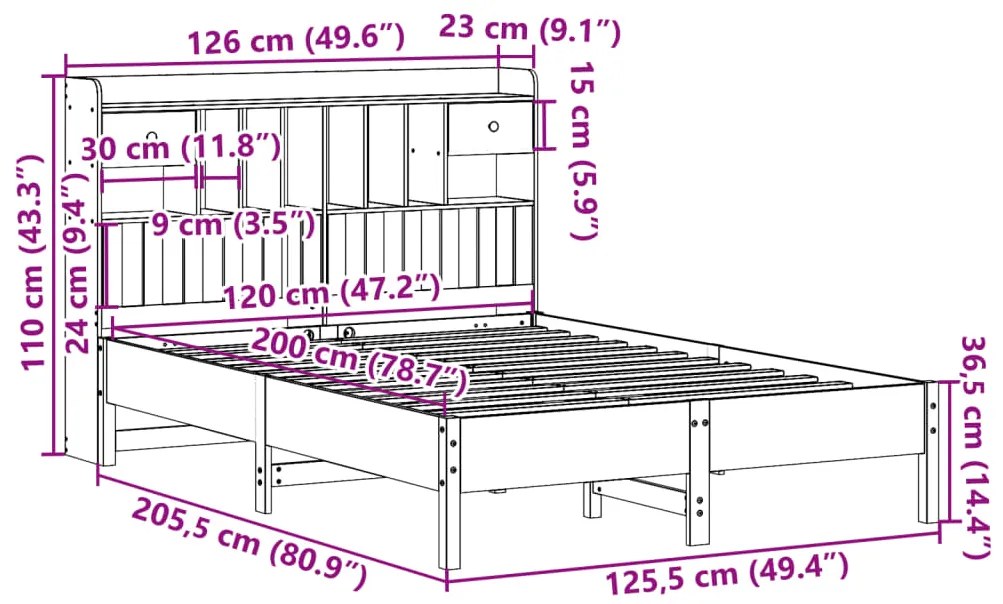 Cama c/ estante sem colchão 120x200cm pinho maciço castanho-mel