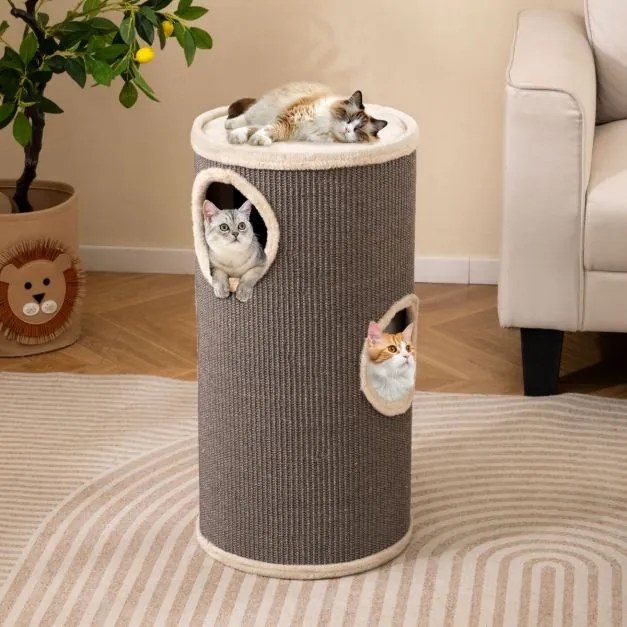 Casa para Gatos 4 Níveis 36 cm x 36 cm x 70 cm Design Multinível com Arranhador de Sisal Cama Acolchoada e Torre Barril Refúgio para Interior Cinza