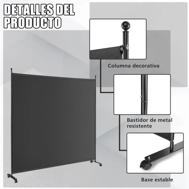 Biombo Divisória de ambientes 184 x 30 x 184 cm com painel único, tela de privacidade larga com rodas bloqueáveis Preto