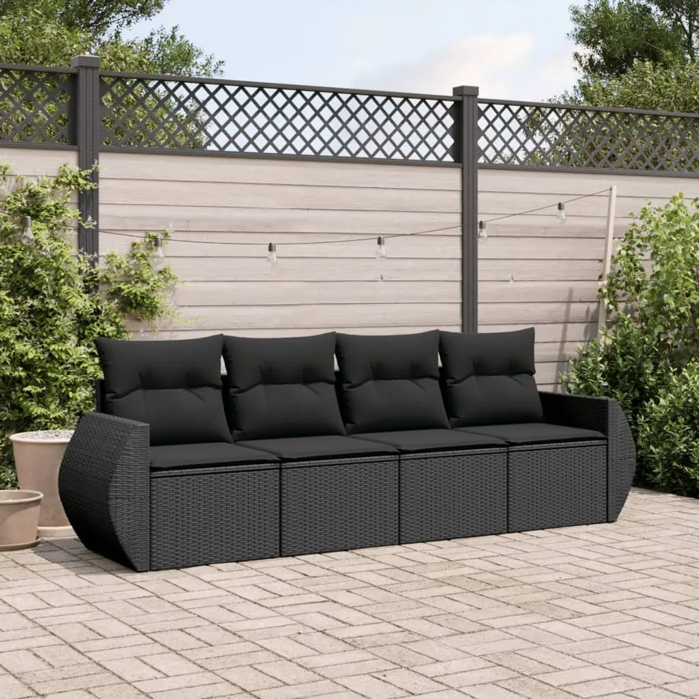 4 pcs conjunto de sofás para jardim c/ almofadões vime PE preto