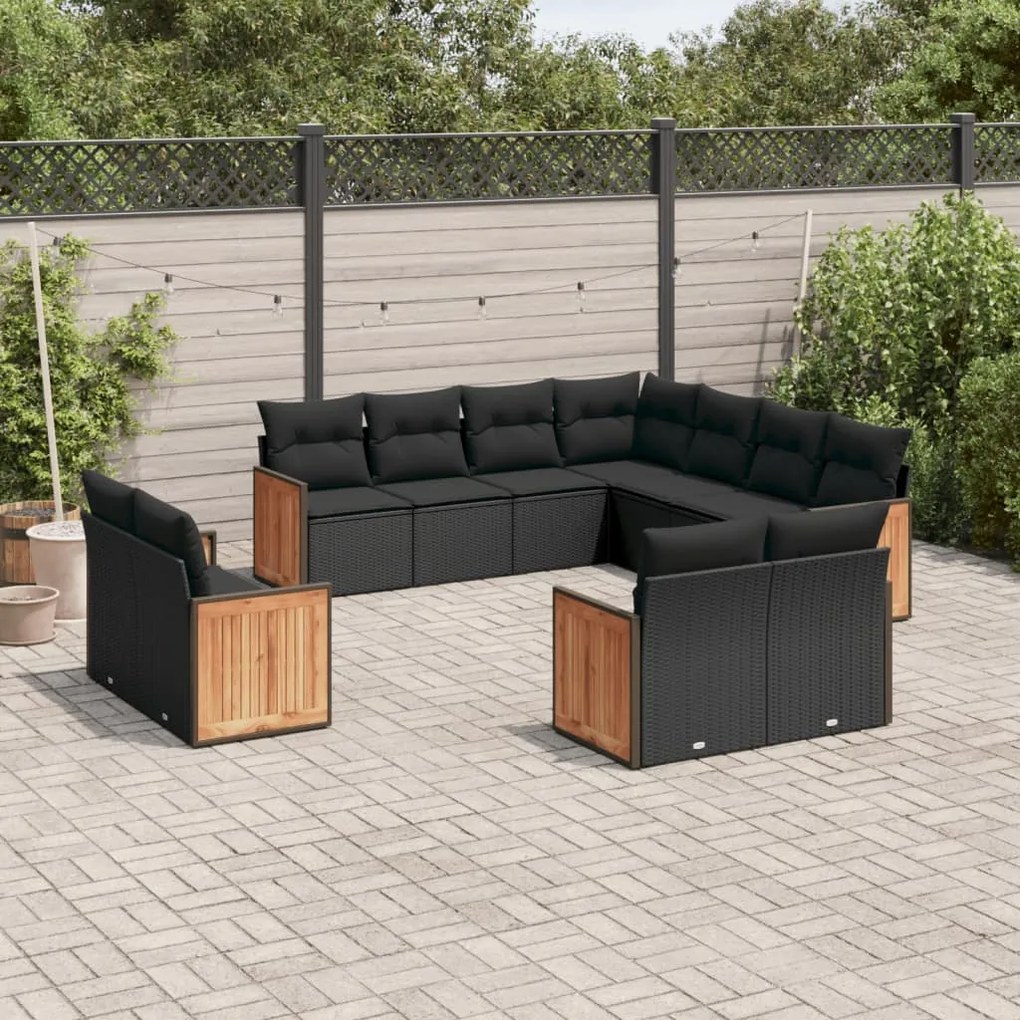 11 pcs conjunto sofás de jardim c/ almofadões vime PE preto