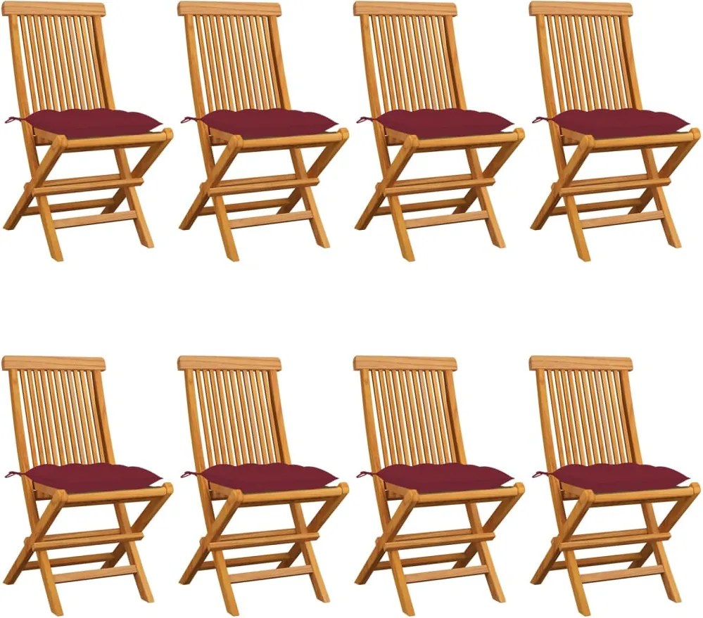 vidaXL Cadeiras jardim c/ almofadões vermelho tinto 8 pcs teca maciça
