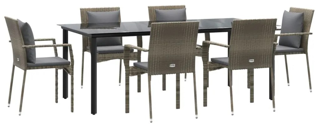 7 pcs conjunto jantar jardim c/ almofadões vime PE preto/cinza
