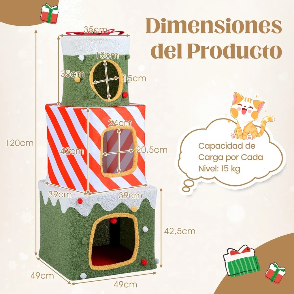 Arranhador de Natal para gatos de interior 49 x 49 x 120 cm com escalada para gatos com 3 casas e cavernas para se esconder Bola pendente verde
