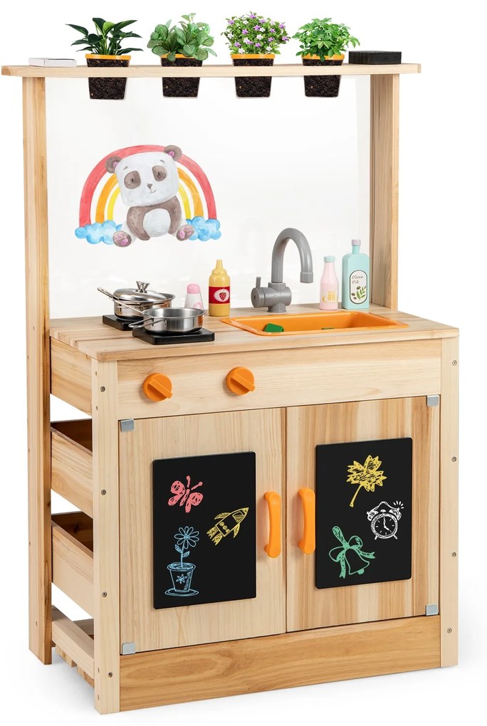 Churrasqueira de madeira para crianças, conjunto de cozinha de faz de conta com comida e rodas - natural