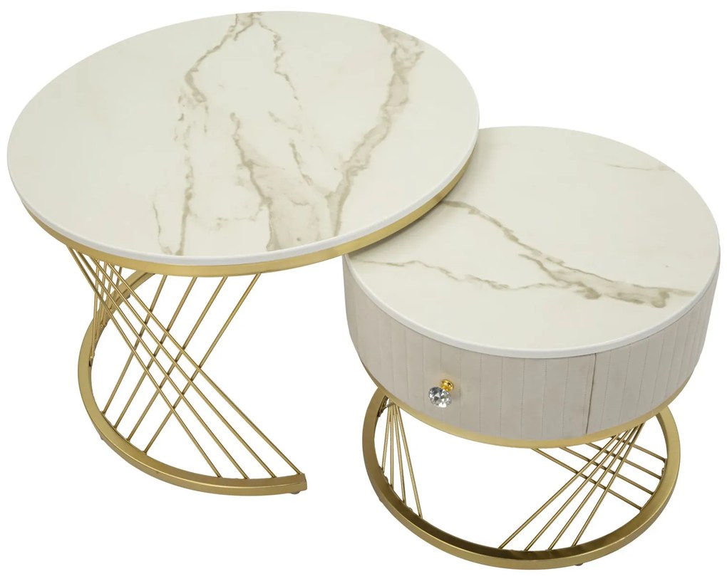 MESAS DE CAFÉ VOTIX CONJUNTO DE 2 UNIDADES CM Ø 70X48-50X43,5 CREME E DOURADO