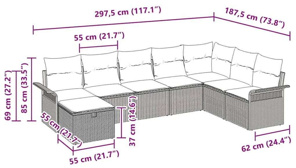 Conjunto de Sofás de Jardim de 8 Peças com Almofadas Beiges de Vime PE