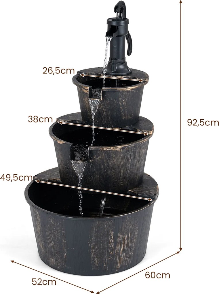 Fonte de Jardim de Três Níveis, 52 x 60 x 92,5 cm, Fluxo Regulável, Bronze