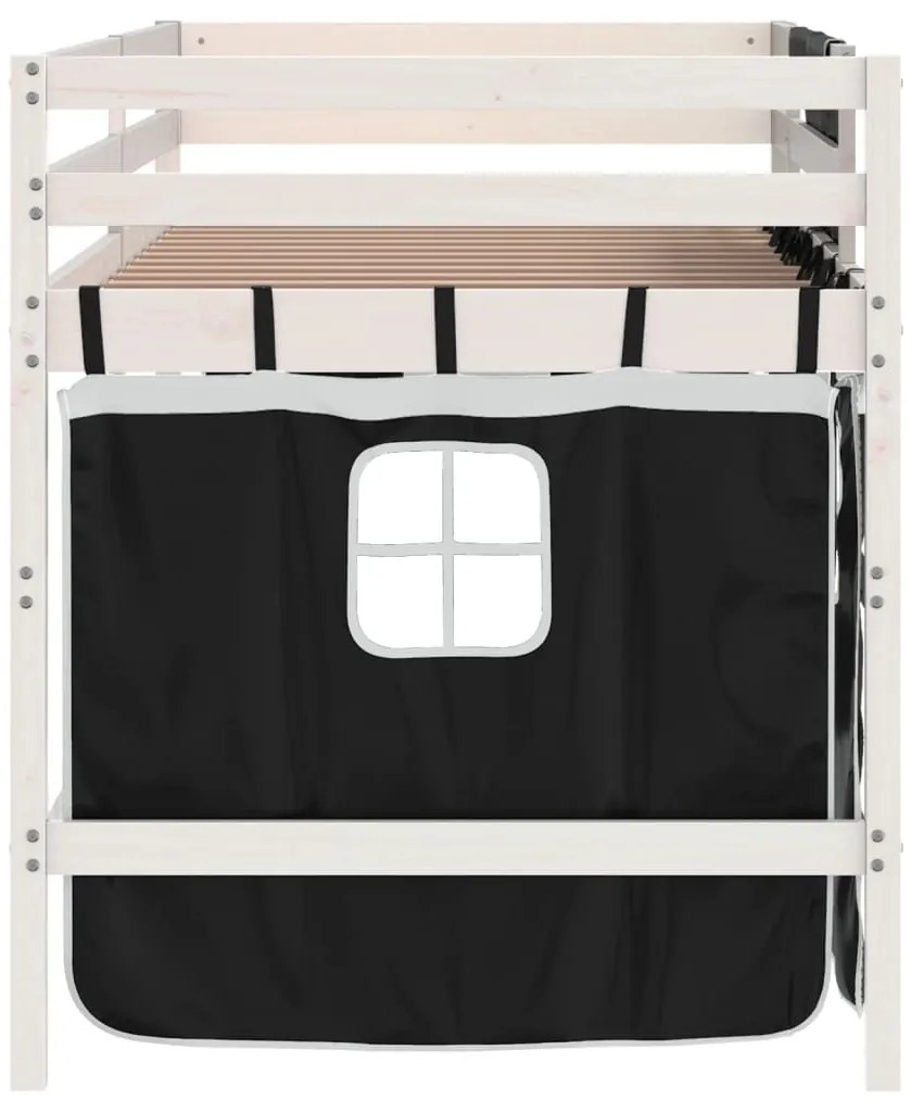 Cama alta criança c/ cortina 90x190cm pinho maciço branco/preto