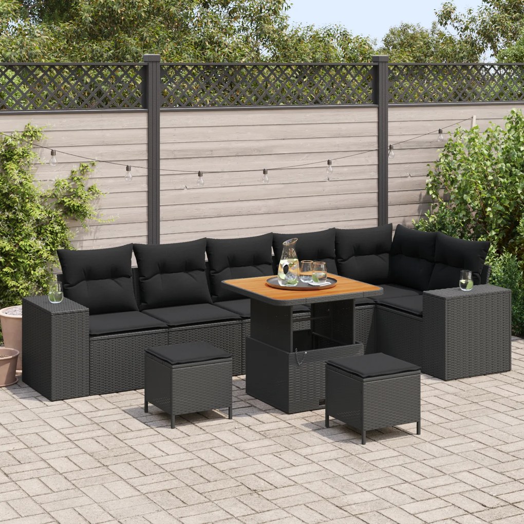 Conjunto de Sofás de Jardim vidaXL com Almofadas Preto Rattan Poliéste