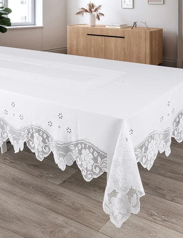 180x350 cm - Toalha de mesa de linho bordada C/ crochê a mão