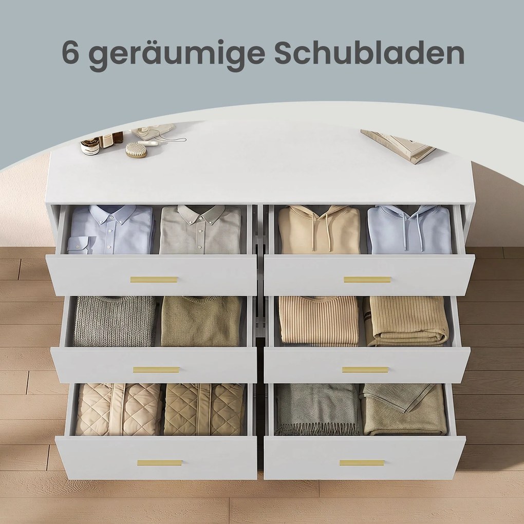 Cómoda com 6 gavetas 40 x 119 x 78 cm, armário de arrumação Branco