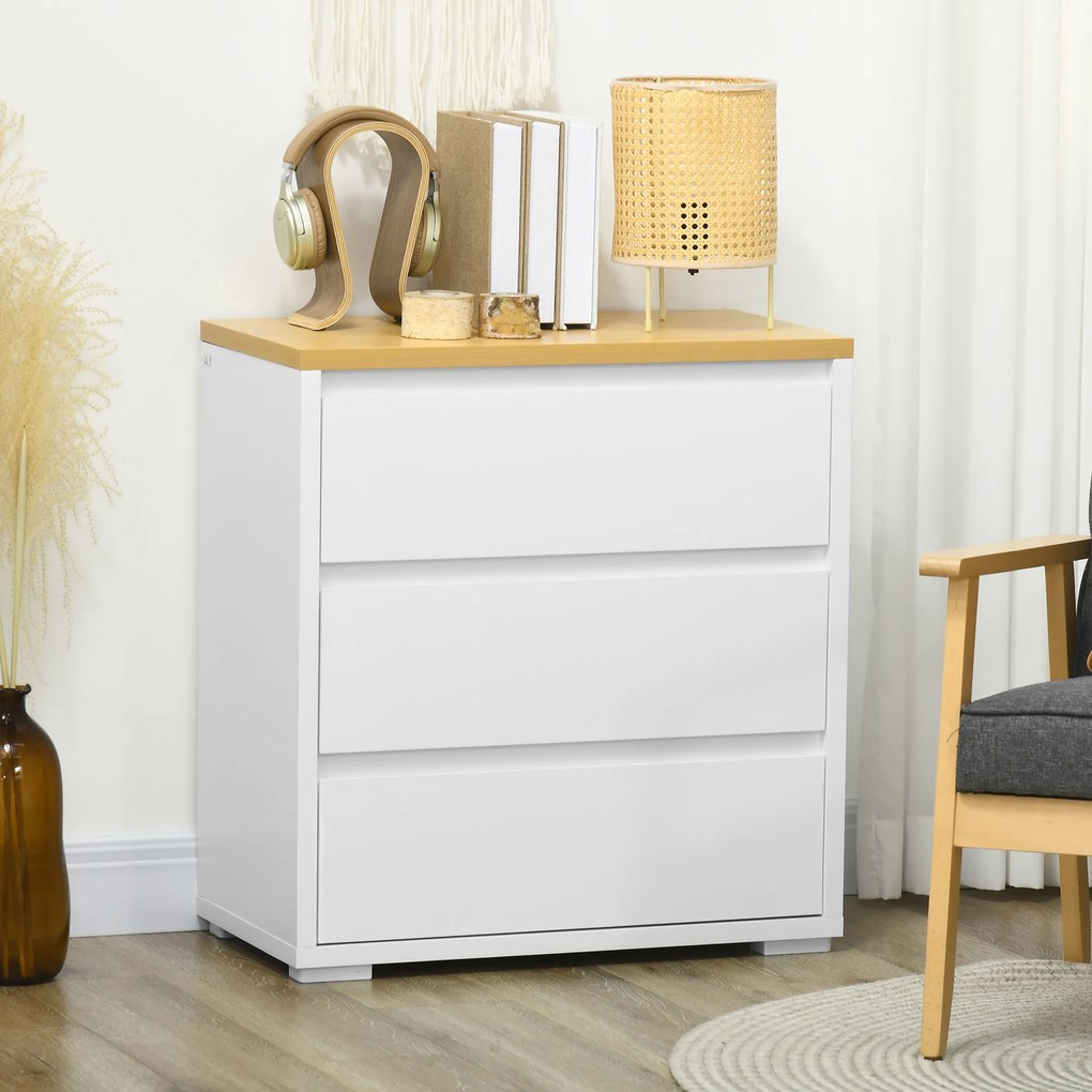 Cómoda Moderna com 3 Gavetas de Madeira 70x37x75 cm para Dormitório Carga Máxima 40 kg Branco e Madeira