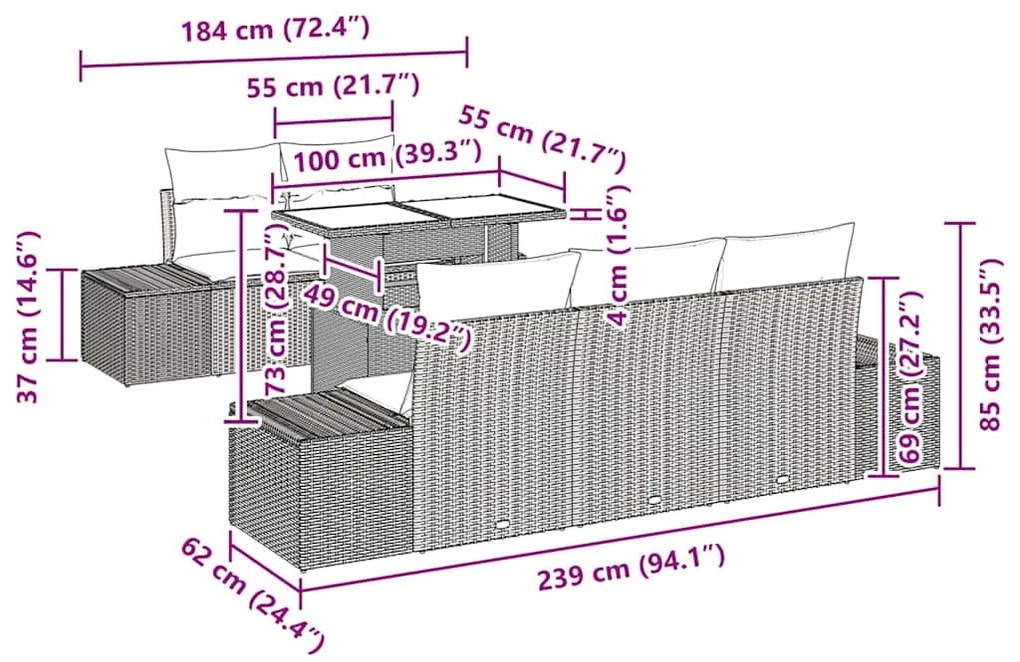 Conjunto de sofá de jardim de 6 peças com almofadas castanhas em polyr