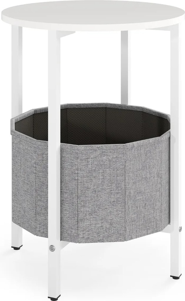 Mesa apoio redonda 44 x 60,5 cm para espaços pequenos de dois níveis com cesto de tecidoEstrutura metálica para sala de estar e quarto cinzenta