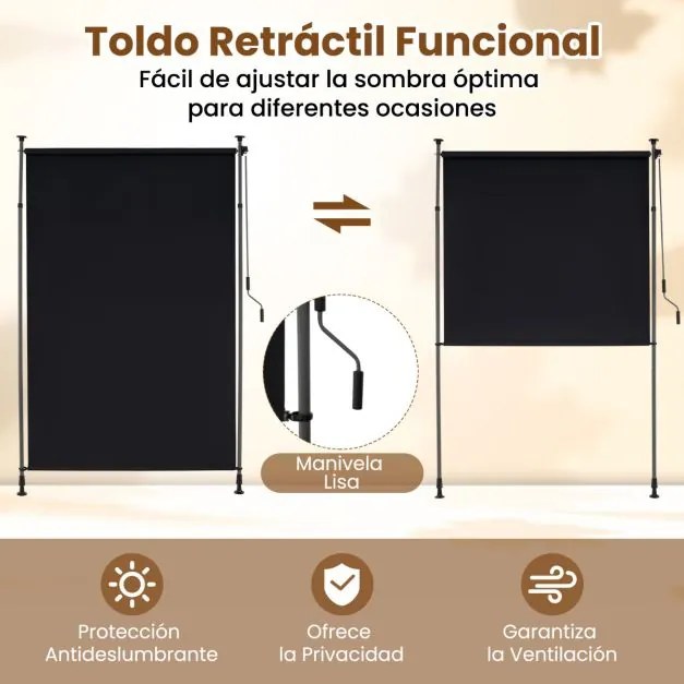 Toldo retrátil vertical 200 x 220-310 cm enrolável para exterior com altura ajustável com manivela para varanda ou piscina Preto