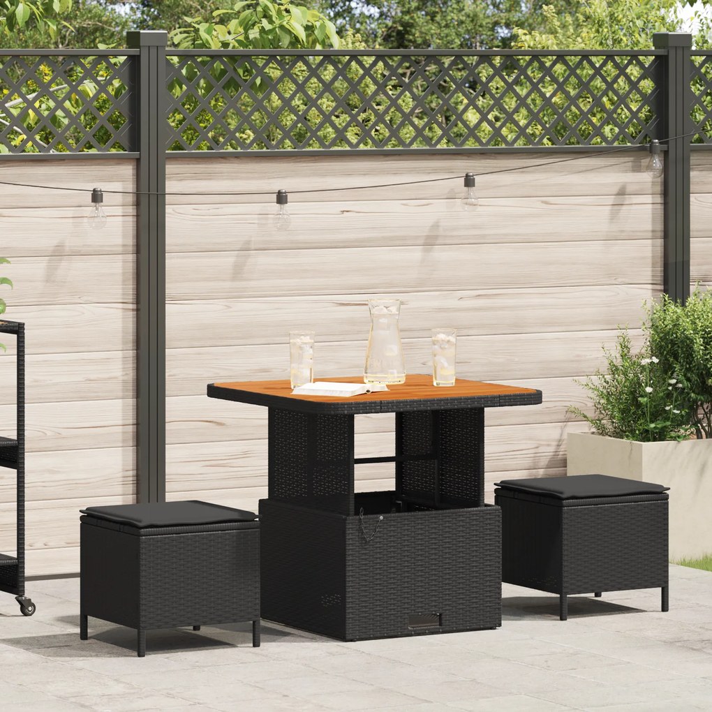 Conjunto de Jantar de Jardim 3 Peças com Almofadas Preto Rattan Sintético Acácia