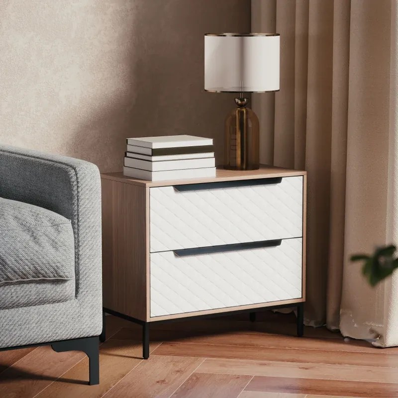 Cómoda com 2 Gavetas de Tecido Frentes com Padrão de Diamante 59,5x30x54 cm Móvel de Arrumação Madeira e Branco