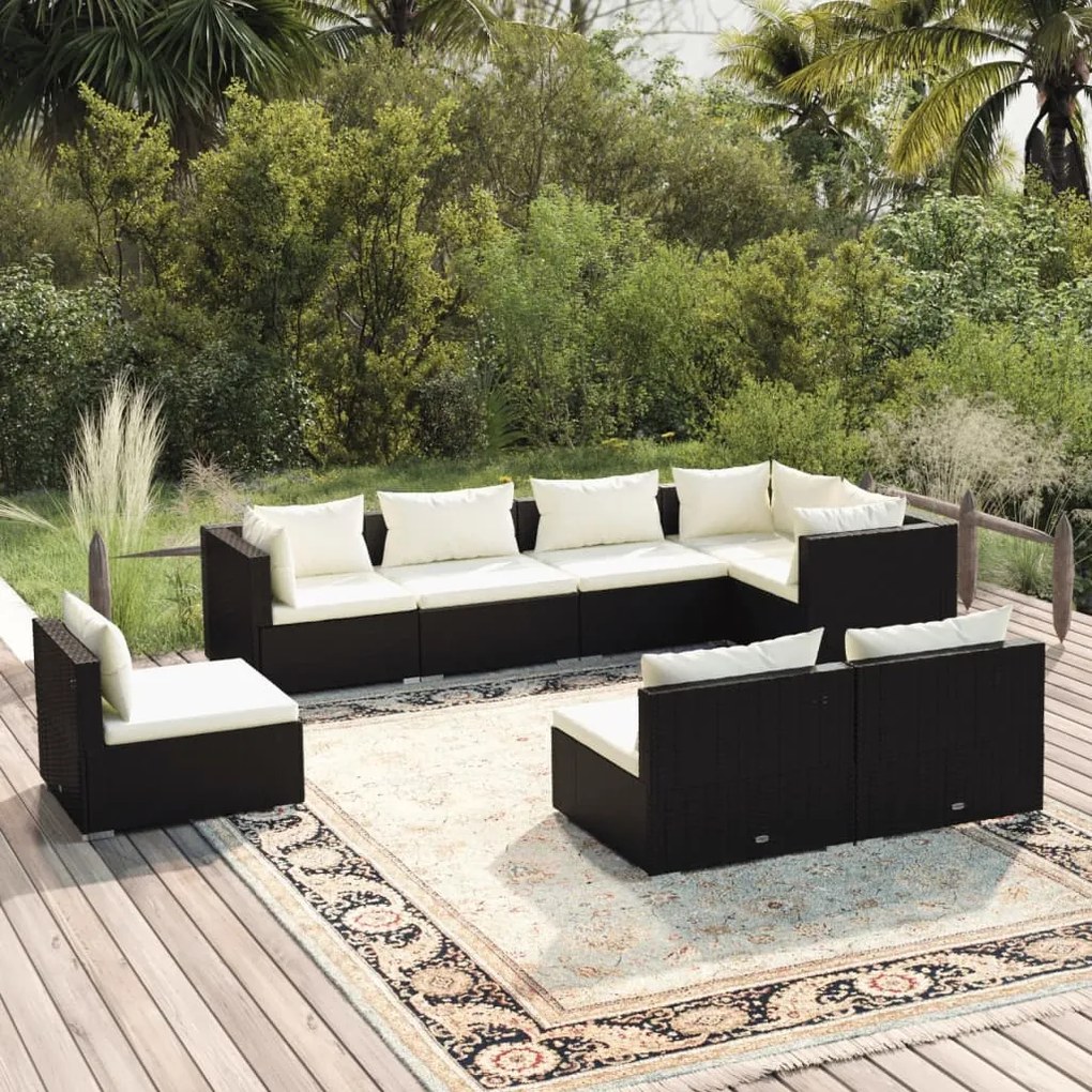 vidaXL 8 pcs conjunto lounge de jardim c/ almofadões vime PE preto