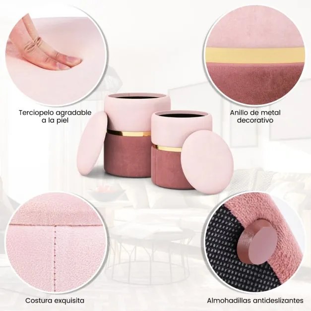 Conjunto de 2 Pufes redondos estofados com 32 L e 21 L de espaço de arrumação e assento almofadado com esponja Rosa