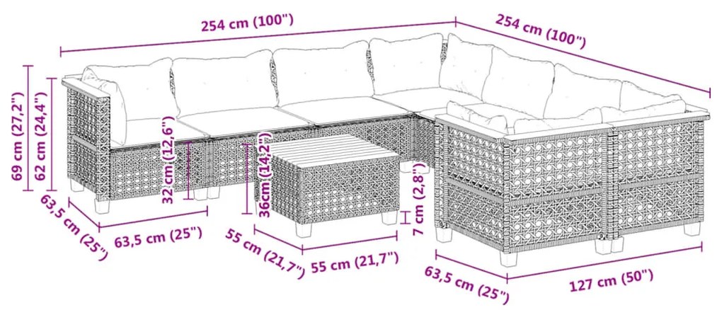 9 pcs conjunto de sofás p/ jardim c/ almofadões vime PE preto