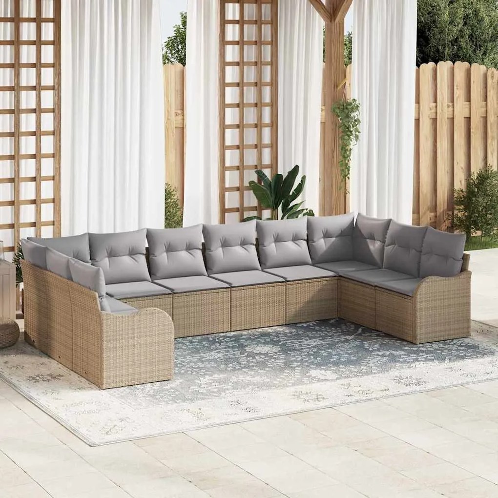 vidaXL Conjunto de Sofá de Jardim com 10 Peças e Almofadas Bege em Rattan Sintético